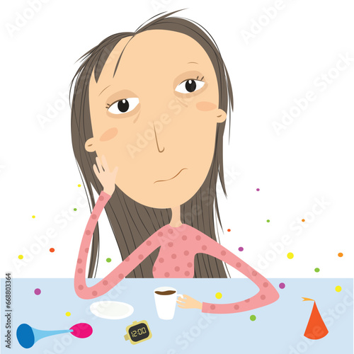 Woman after new year party, or other party, sleepy or with hangover drinking coffee. Vector Illustration.