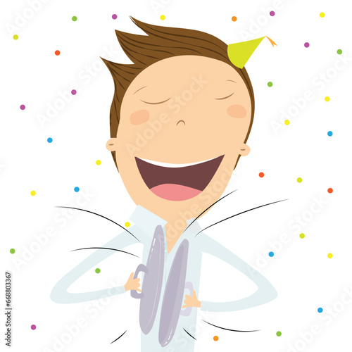 Man banging pot lids in the new year. New Year's Tradition. Vector Illustration.