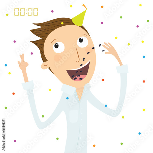 Man eating raisins for good luck in the new year. New Year's Superstition. Vector Illustration.