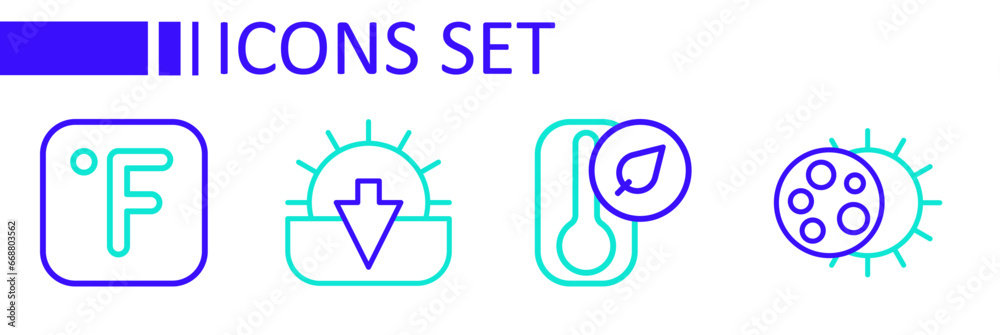 Set line Eclipse of the sun, Thermometer, Sunset and Fahrenheit icon. Vector Set line Eclipse of the sun, Thermometer, Sunset and Fahrenheit icon. Vector