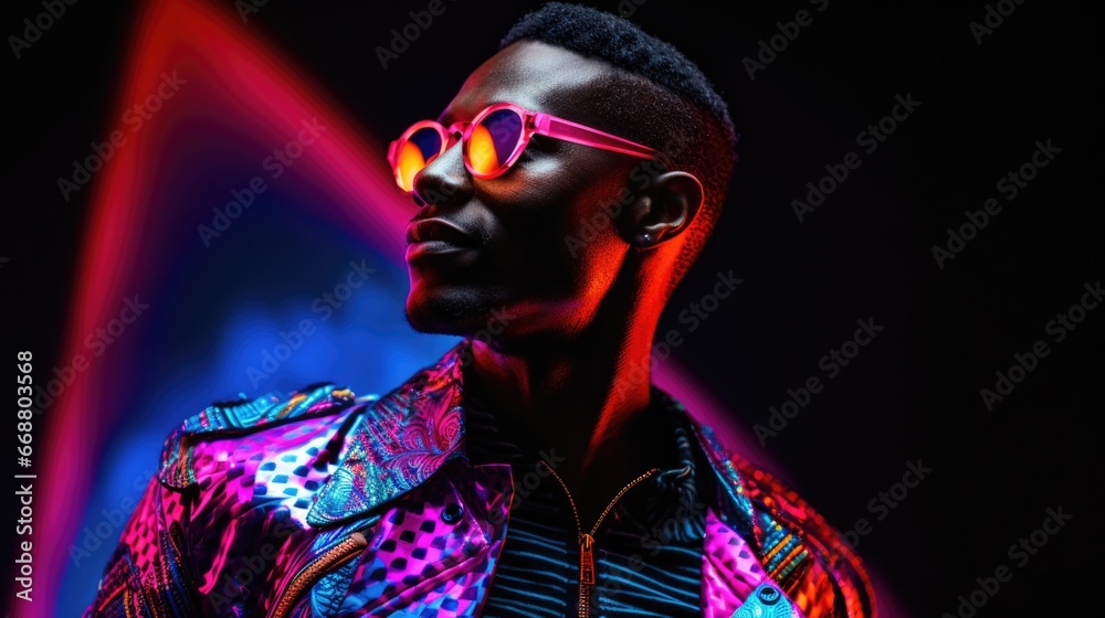 portrait of a young African man wearing fashionable glasses and colorful bright neon lights, on a black background