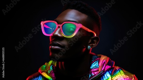 portrait of a young African man wearing fashionable glasses and colorful bright neon lights, on a black background © koplesya