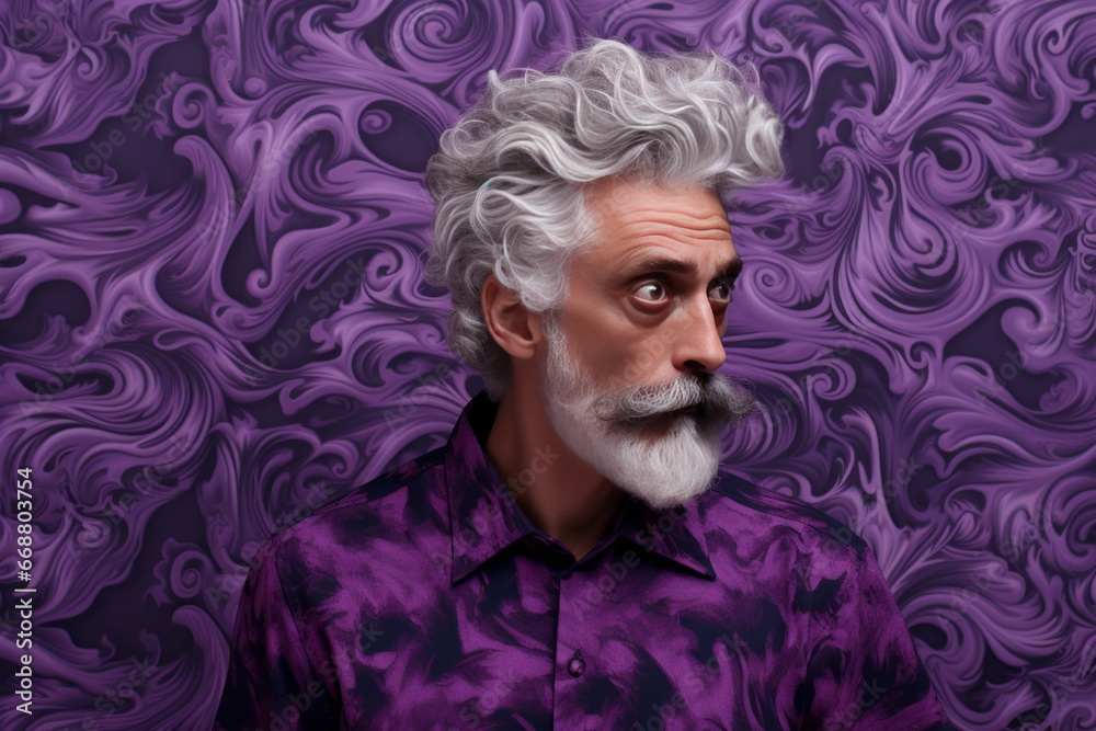 Stylish older man with gray hair in purple suit against retro purple wallpaper. The concept of fashion, charm and romance.