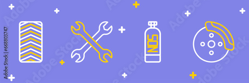 Set line Car brake disk with caliper, Nitrous oxide, Wrench spanner and tire wheel icon. Vector