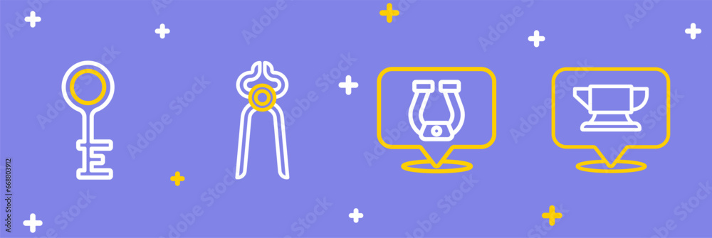 Set line Blacksmith anvil tool, Horseshoe, pliers and Old key icon. Vector Set line Blacksmith anvil tool, Horseshoe, pliers and Old key icon. Vector