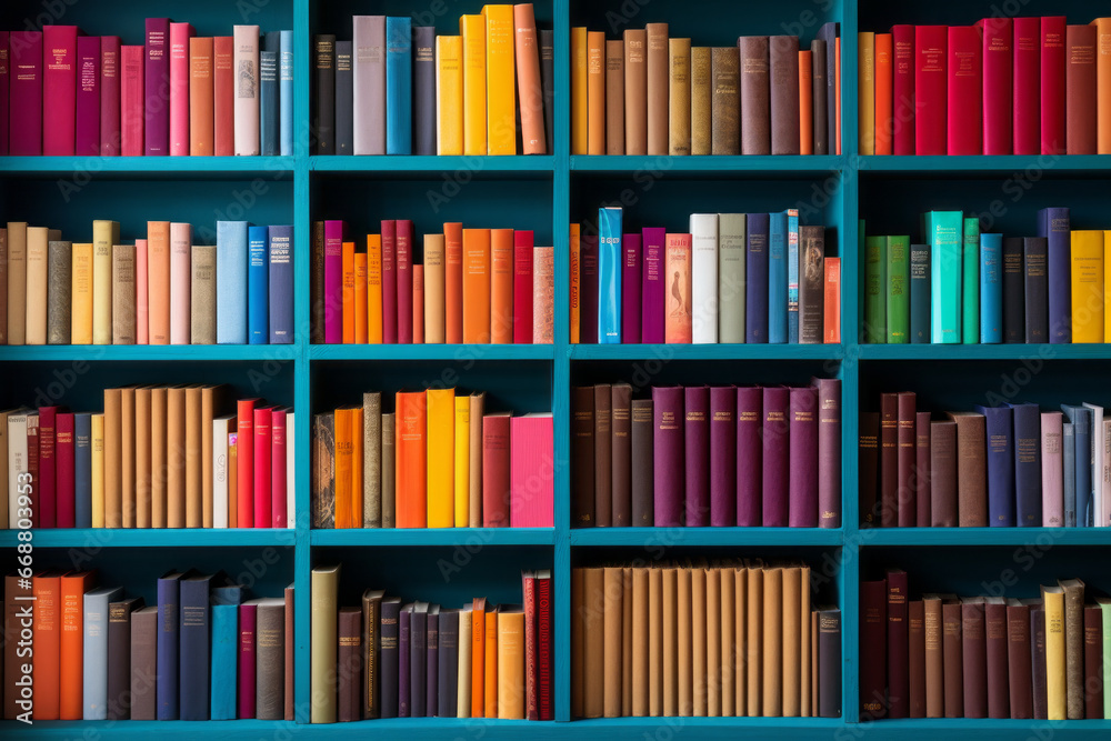 Fototapeta premium A large bookshelf full of colorful books. The concept of education, reading and knowledge.