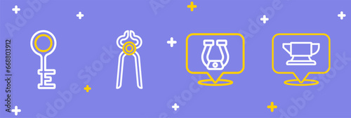 Set line Blacksmith anvil tool, Horseshoe, pliers and Old key icon. Vector