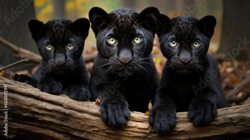 Family of black panthers in the wild