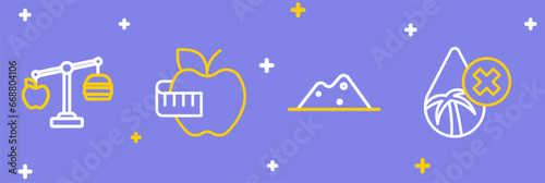 Set line Palm oil free, Salt, Apple and measuring tape and Calorie calculator icon. Vector