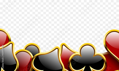 Card suits. Suit badge in gold frame. Vector suits isolated on transparent background..