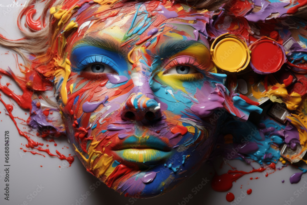 Close up of a young girl with paint on her face. Concept of creativity, art, painting.