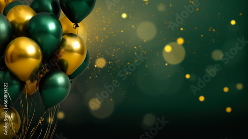 Gold and green balloons with sparkling lights background photo