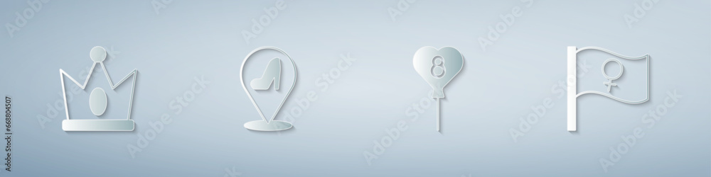 Set King crown, Woman shoe, Balloons with 8 March and Feminist activist. Paper art style. Vector Set King crown, Woman shoe, Balloons with 8 March and Feminist activist. Paper art style. Vector