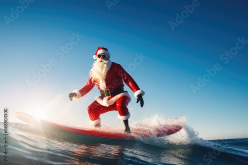 Santa Claus surfing with surfboard on a waves