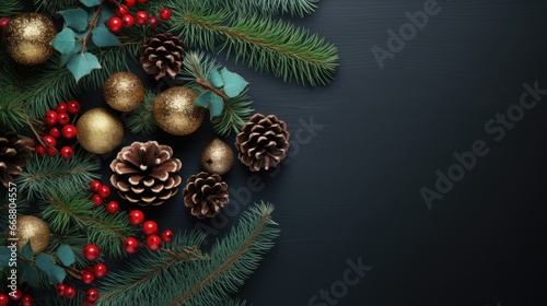 Christmas background  flat lay  pine cone  twigs  berries  card background  seasons greetings  blank space