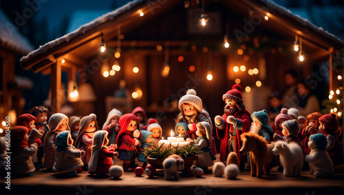 Incredibly detailed Christmas amigurumi and Nativity scenes made of plastic dolls with perfect composition and intricate beauty are trending on ArtStation