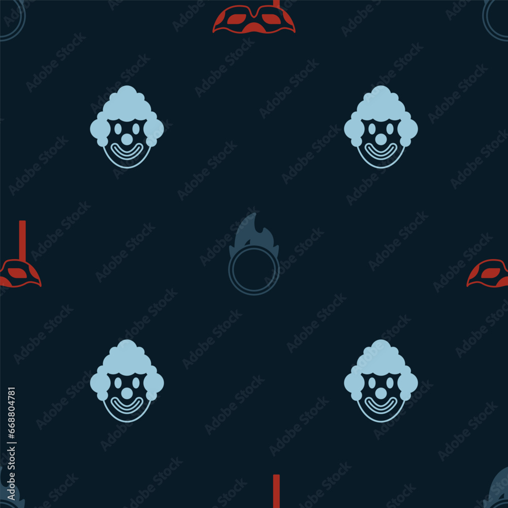 Set Festive mask, Circus fire hoop and Clown head on seamless pattern. Vector Set Festive mask, Circus fire hoop and Clown head on seamless pattern. Vector