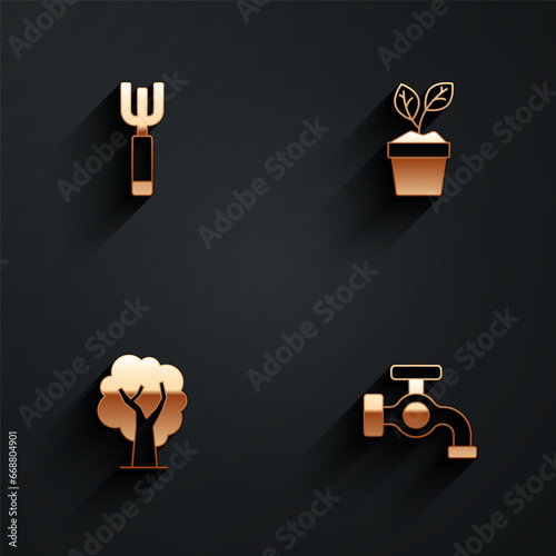 Set Garden pitchfork, Plant in pot, Tree and Water tap icon with long shadow. Vector