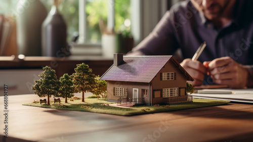 House model and contract, agent and customers discussing to buy or build a house, mortgage, real estate, house keys