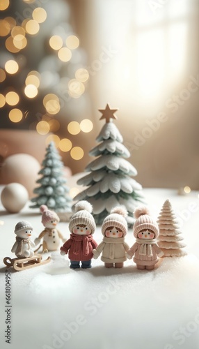 Toys and dolls standing on the floor, christmas tree and gifts, xmas interior