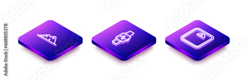 Set Isometric line Salt, Smart watch with heart and Bathroom scales icon. Vector