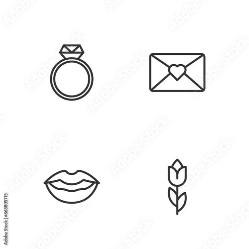 Set line Flower tulip, Smiling lips, Diamond engagement ring and Envelope with 8 March icon. Vector