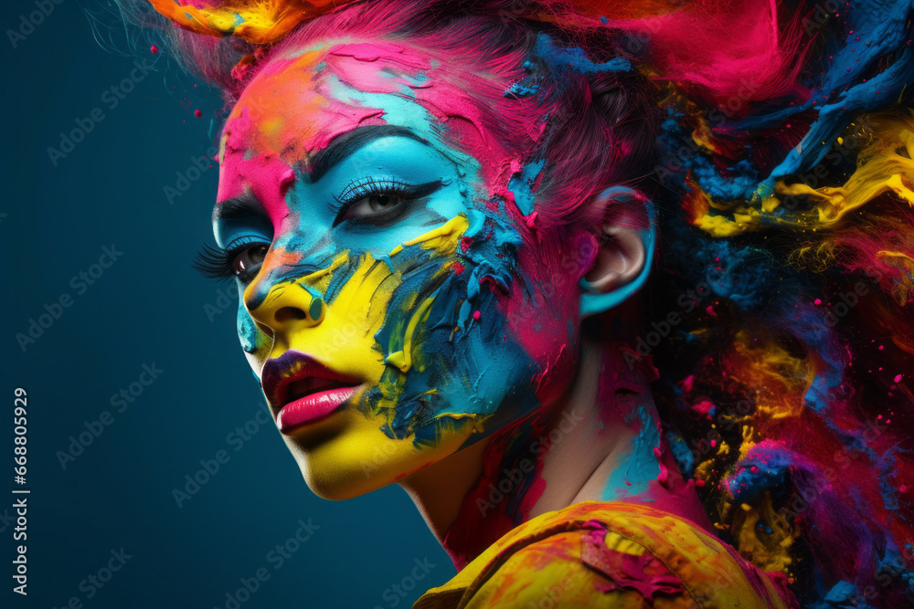 Fototapeta premium Close up of a young girl with paint on her face. Concept of creativity, art, painting.