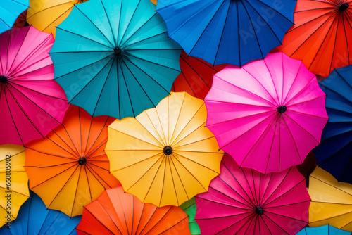 Creative colorful background full of umbrellas in vibrant bold colors. Mood  autumn  rain concept.