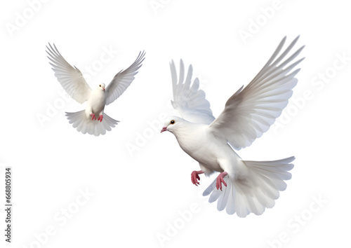 Two white doves are flying. Generative AI © Breyenaiimages