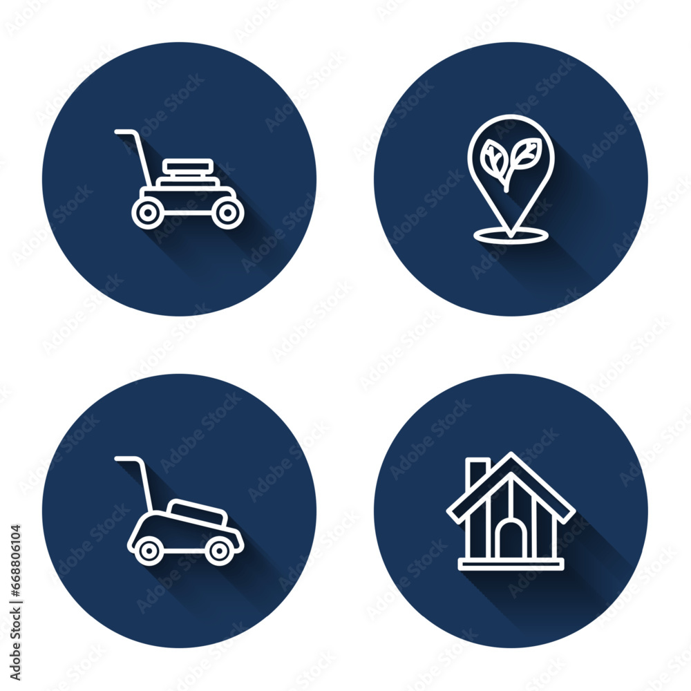 Set line Lawn mower, Location with leaf, and Farm house with long shadow. Blue circle button. Vector Set line Lawn mower, Location with leaf, and Farm house with long shadow. Blue circle button. Vector