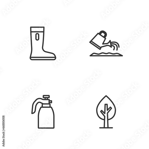 Set line Tree  Garden sprayer for water  Waterproof rubber boot and Watering can icon. Vector
