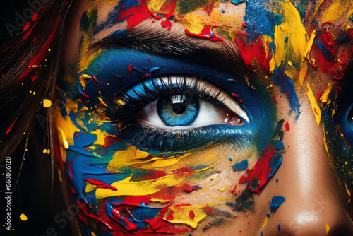 Close up of a young girl with paint on her face. Concept of creativity  art  painting.
