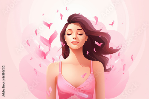 A girl in a pink dress with her eyes closed against a background of pink flying petals, a girl's dreams
