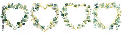 A watercolor eucalyptus leaves wreath frame, love shape golden border Botanical Illustration elegant watercolor illustration , eucalyptus leaves wreath isolated transparent background, PNG photo