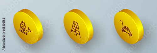 Set Isometric line Watering can, Wooden staircase and Lawn mower icon. Vector