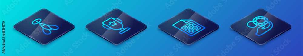 Set Isometric line Lottery ticket, Dart arrow, Hand holding casino chips and Casino poker trophy cup icon. Vector Set Isometric line Lottery ticket, Dart arrow, Hand holding casino chips and Casino poker trophy cup icon. Vector