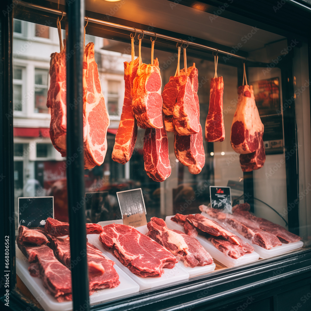 Steaks, Rib or meat hanging in the window of a small butchers shop. Concept of eating meet vs being vegan and quality food. Shallow field of view.
