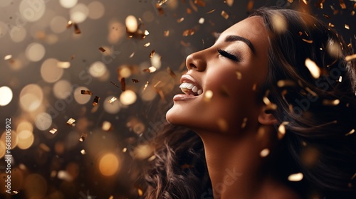 portrait of a beautiful joyful woman enjoy herself and smiling in falling shiny confetti, happy woman have fun on celebration background, with copy space.
