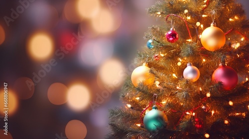 christmas background - close up of decorated colorful christmas tree with balls and lights on shiny blurred celebration background, with copy space.
