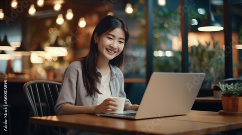 Happy young Asian girl working at a coffee shop with a laptop, bright clean window on the background.
