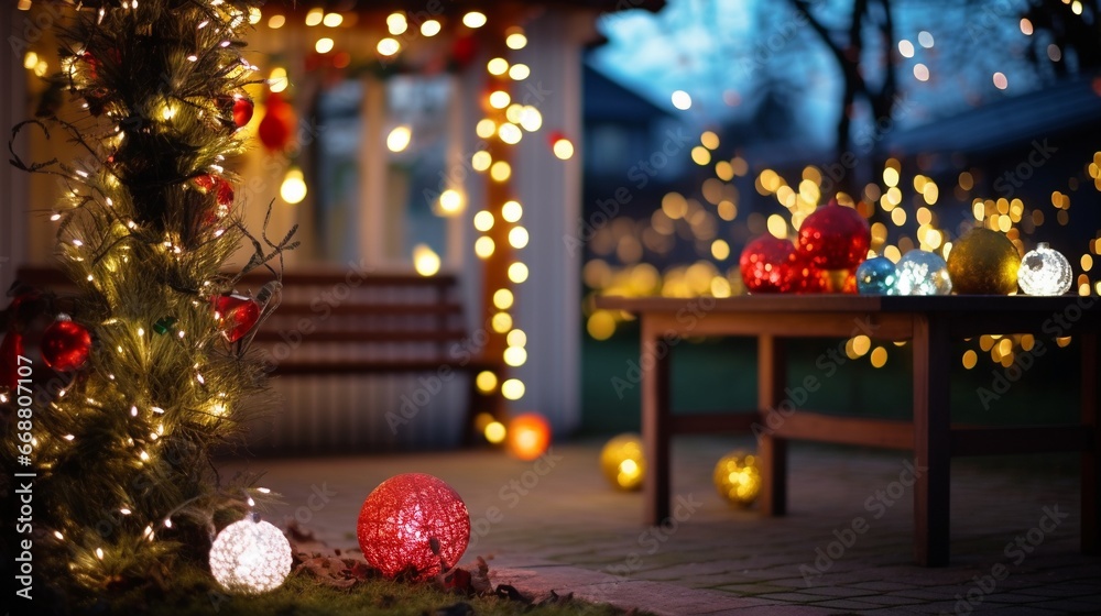 Close up of  fairy light bulbs in the decoration of the Christmas and new year celebration yard on blurred shiny home backyard background, winter holiday season outdoor background, with copy space. - obrazy, fototapety, plakaty 