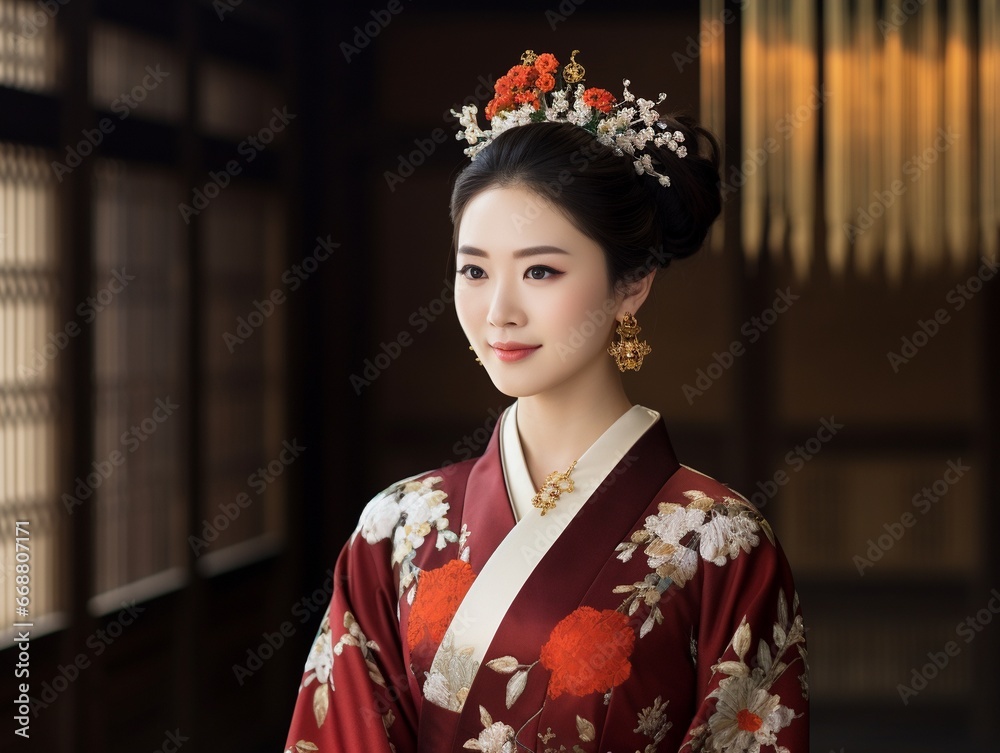 Close up portrait of beautiful young Asian bride in red traditional clothes, Ancient dressed up young woman in red floral kimono on traditional room background. Close up portrait of beautiful young Asian bride in red traditional clothes, Ancient dressed up young woman in red floral kimono on traditional room background.