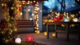 Close up of fairy light bulbs in the decoration of the Christmas and new year celebration yard on blurred shiny home backyard background, winter holiday season outdoor background, with copy space.
