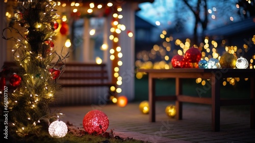 Close up of  fairy light bulbs in the decoration of the Christmas and new year celebration yard on blurred shiny home backyard background, winter holiday season outdoor background, with copy space.