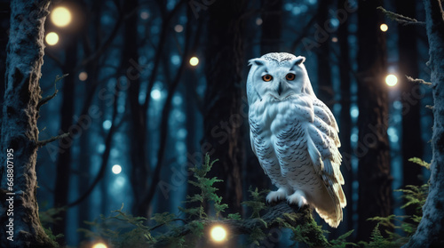 Ai generated image of a white owl at night in a magical forest