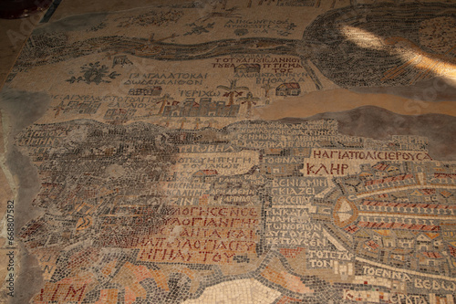 Mosaic map of Holy Land, created in 6th century. Mount Nebo. Fragment of unique mosaic map on floor of current Orthodox church of St. George. Madaba, Jordan, December 3, 2009