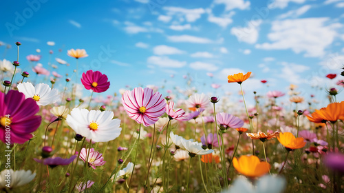 beautiful flowers bloom with blue sky in the spring field, soft focus