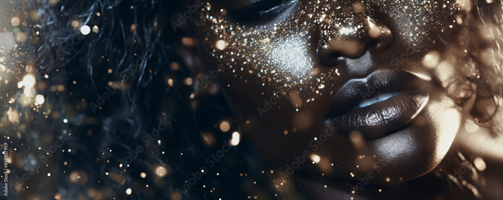 closeup Beautiful female model with golden glitter on her face in a party setting with elegant makeup - obrazy, fototapety, plakaty 