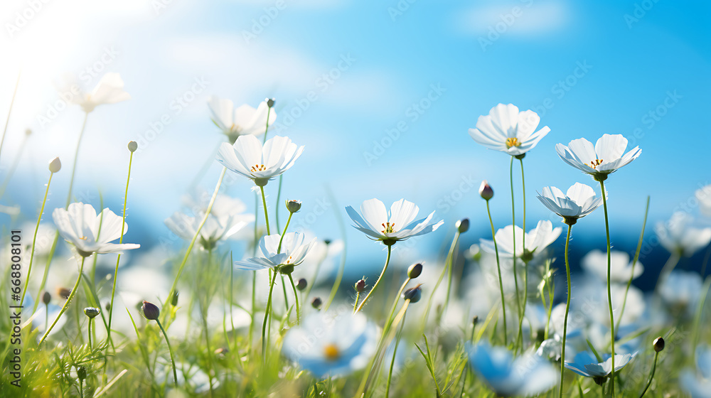 beautiful flowers bloom with blue sky in the spring field, soft focus