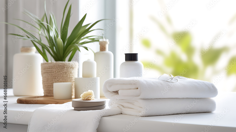 Towels with herbal bags and beauty treatment items setting in spa center in white room Towels with herbal bags and beauty treatment items setting in spa center in white room